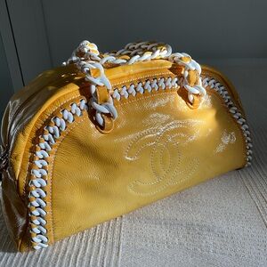 Authentic Chanel Yellow Bowling Style Handbag with White Accents
